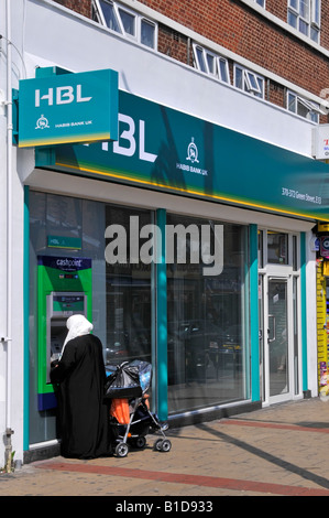 Upton Park Green Street shopping area close up of HBL bank with Lloyds TSB cash point machine ATM Stock Photo