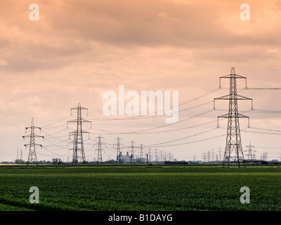 Electricity pylons UK with power lines at Keadby, North Lincolnshire, UK Stock Photo