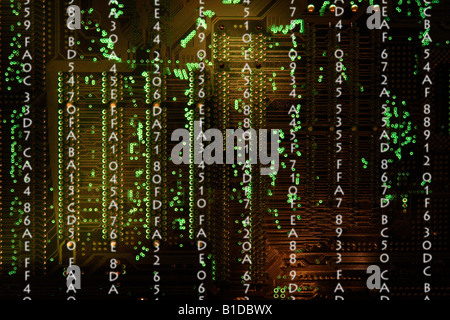 Data streaming over a computer PCB. Stock Photo