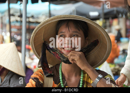 Portrait woman wearing conical hat Hoi An Vietnam Stock Photo