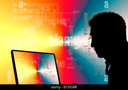 engineer studying mathematical symbols of laptop computer Stock Photo