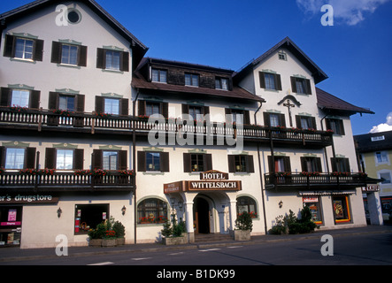 Hotel Wittelsbach, rooms and lodging, accommodations, town of Oberammergau, Bavaria, Germany, Europe Stock Photo