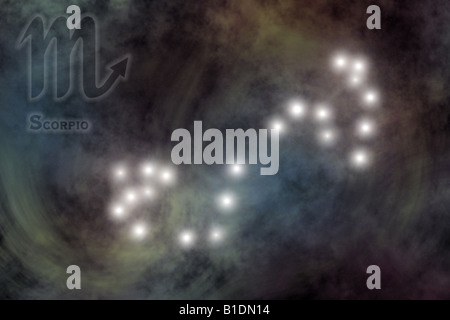 Zodiac - Scorpio constellation, with sign and name of Zodiac. Against space galaxy background Stock Photo