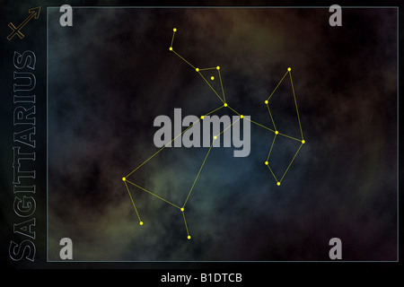 Zodiac - Sagittarius constellation, with sign and name of Zodiac. Against space galaxy background Stock Photo