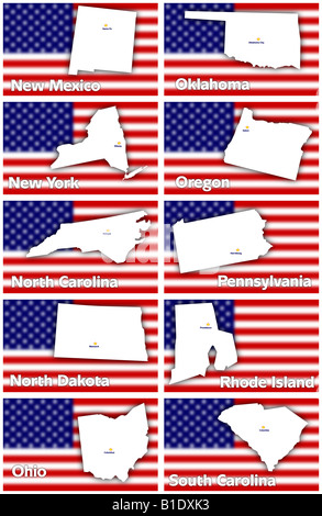 USA states contours with capital city against blurred American flag, from New Mexico to South Carolina alphabetically Stock Photo