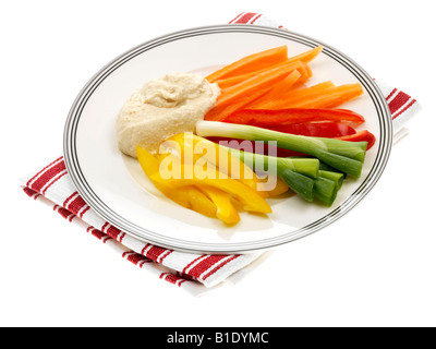 Fresh Healthy Vegetarian Vegetable Crudites with Hummus Isolated Against A White Background With A Clipping Path and No People Stock Photo