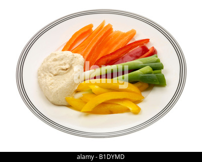 Fresh Healthy Vegetarian Vegetable Crudites with Hummus Isolated Against A White Background With A Clipping Path and No People Stock Photo