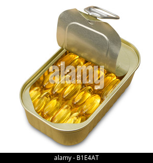 Fish oil capsules neatly arranged in a ring pull tin on a white background. Cutout Stock Photo