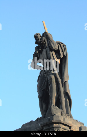 St Christopher on Charles Bridge before the Old Town Tower in Prague Czech Republic by Emanuel Max in 1857 Stock Photo