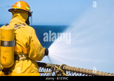 Fire drill aboard container ship, Horizon Anchorage Stock Photo