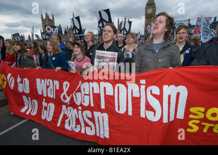 Socialist students march across Westminster Bridge behind their banner in the Stop the War/CND/BMI Troops Out march Stock Photo