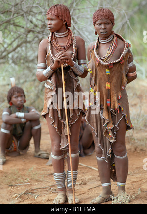 Hamar women attend a 'Jumping of the Bull' ceremony. The Hamar are semi-nomadic pastoralists of Southwest Ethiopia. Stock Photo