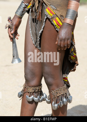 Close-up of a young Hamar woman's attire during a 'Jumping of the Bull' ceremony. Stock Photo