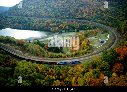 Aerial view of the Horseshoe Curve with colorful autumn foliage Stock Photo