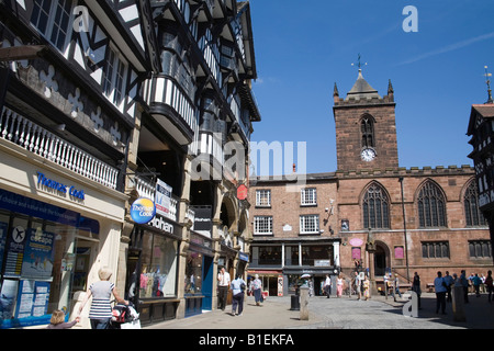 Chester Cheshire UK June View along Bridge Street to the Guild Church of St Peter in the Cross on busy Watergate Street Stock Photo