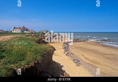 battered sea defences and recently collapsed cliffs to the south of Happisburgh on the Norfolk Coast summer 2008 Stock Photo