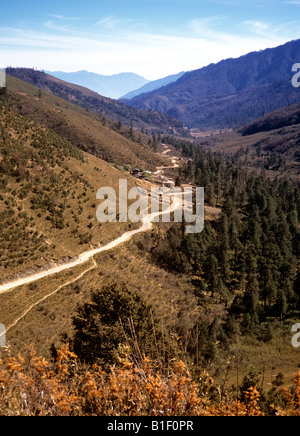 Bhutan Bumthang Valley road rising to the Yotang La Pass Stock Photo