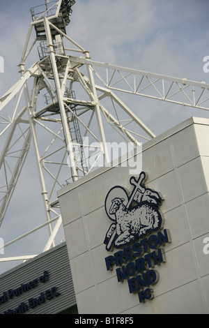 City of Preston, England. Close up view of the Preston North End Deepdale Stadium superstructure, home of Preston Football Club. Stock Photo
