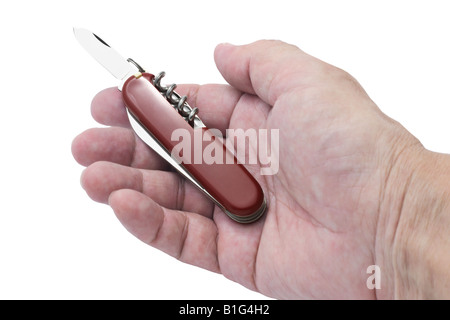 Hand holding red Swiss army pocket knife on white background Stock Photo