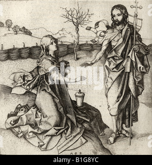 Facsimile of Our Saviour appearing to Mary Magdalene in the Garden, by Martin Schongauer, c.1420 - 1488. German painter and engraver. Stock Photo