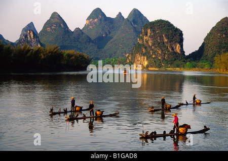 Li River at Yangshuo with cormorant fishermen on bamboo rafts Stock Photo