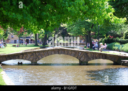 Stone bridges over River Windrush, Bourton-on-the-Water, Cotswolds, Gloucestershire, England, United Kingdom Stock Photo