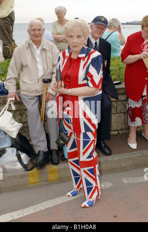 Senior female dressed in a British flag two piece suit Stock Photo