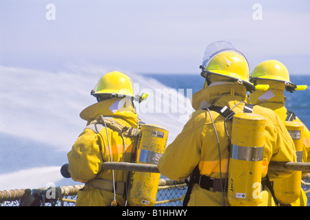 Pacific Ocean. Fire drill aboard container vessel, Horizon Anchorage. Stock Photo