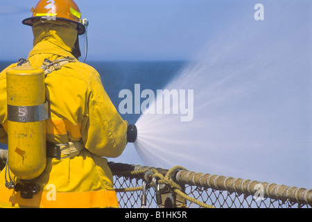 Pacific Ocean. Fire drill aboard container vessel, Horizon Anchorage. Stock Photo