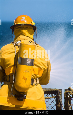 Pacific Ocean. Fire drill aboard container vessel, Horizon Anchorage. Stock Photo