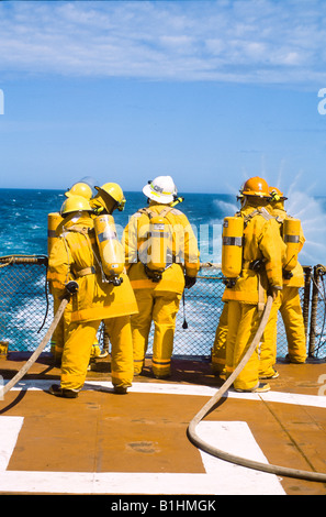 Pacific Ocean. Fire drill aboard container vessel, Horizon Anchorage. Stock Photo