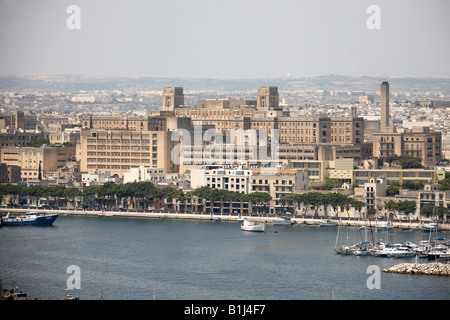 View north from St Michaels Bastion across harbour to boats and yachts of Msida in Valetta or Valletta Malta Stock Photo