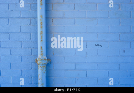 Brick wall with rusting drainpipe all painted light blue with tiny piece of felt-tip pen graffiti stating Wacko Stock Photo