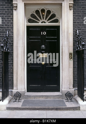Close up of 10 Downing Street black door entrance to the official residence of the Prime Minister in Whitehall district Westminster London England UK Stock Photo