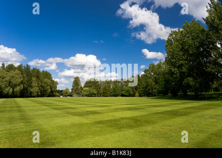 Traditional english grass lawn under puffy clouds by the Surrey Research Park in Guildford, Surrey, England, UK. June 2008. Stock Photo