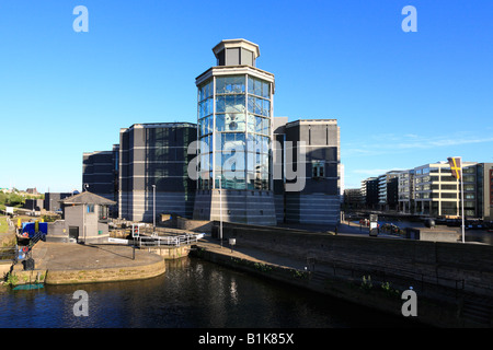 River Aire and the Leeds and Liverpool Canal below The Royal Armouries Museum, Leeds, West Yorkshire, England, UK. Stock Photo