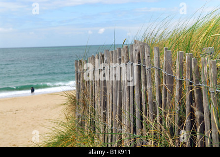 Ocean with sandy beach and wooden fence Stock Photo