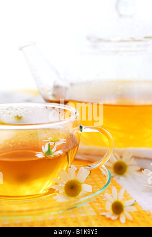 A teacup and a teapot with soothing herbal camomile tea Stock Photo