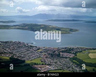 Largs and Little Cumbrae Island, in the Clyde Estuary, from the air, Western Scotland, Arran in the Distance.