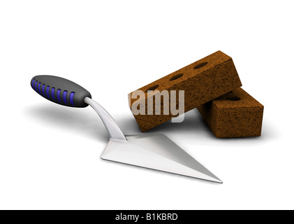 3D render of a trowel and bricks Stock Photo