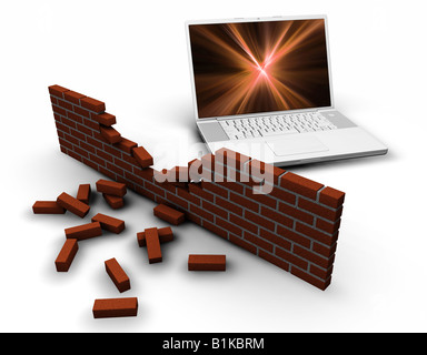 3D render of a computer behind a broken brick wall depicting breached internet security Stock Photo