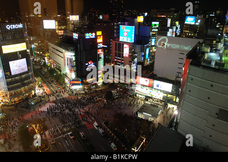 Shibuya Crossing at night from above Tokyo Japan Stock Photo