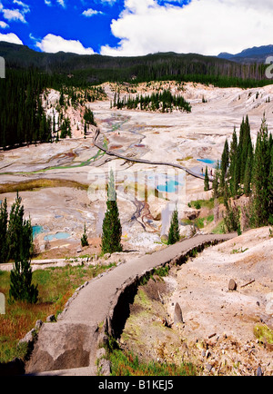 Image looking down and following the long winding wooden boardwalk trail that wanders through the pools of the NorrisGeyser Basi Stock Photo