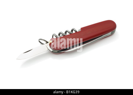 Red Swiss army penknife on white background Stock Photo