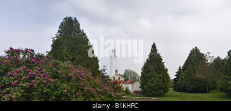 Panorama of Cana Island Lighthouse on Lake Michigan and Clearing Fog Door County Wisconsin Stock Photo