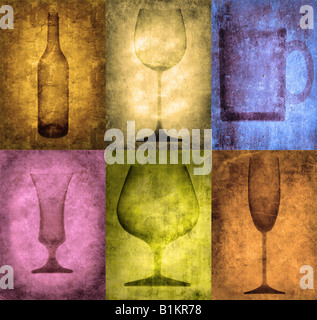 Grunge illustration with bottle and glasses, vintage stylized Stock Photo