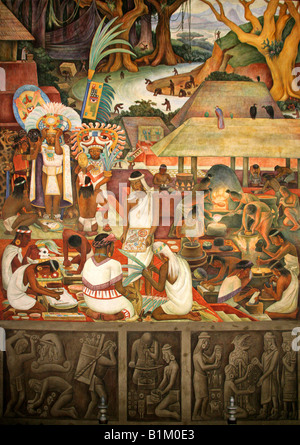 Mural in the National Palace Depicting Life in Ancient Aztec Tenochitlan, Zocalo Square, Plaza de la Constitucion, Mexico City Stock Photo