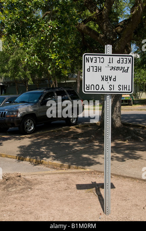 Upside down sign, Girard Park, Lafayette, Louisiana. Stock Photo