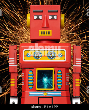 Sparking Tin Robot A Retro Clockwork Toy from the 1960s Stock Photo
