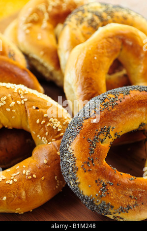 Variety of fresh Montreal style bagels close up Stock Photo